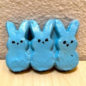 PEEPS! Art. Cast & Painted. Blue. Row of 3 peep bunnies.Ceramic Pop Art. New.